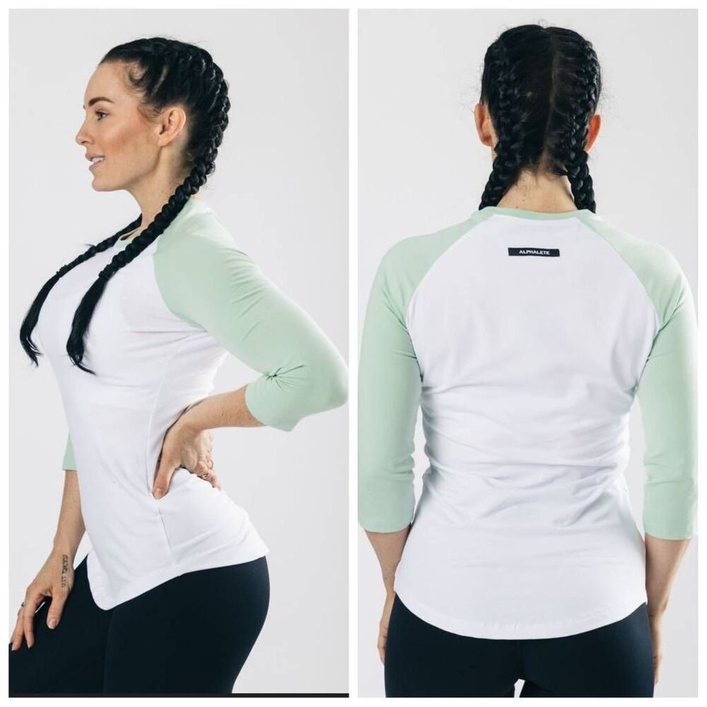 Alphalete Performance Fit Raglan ¾ Sleeve Top Mint Green White Baseball Tee Size